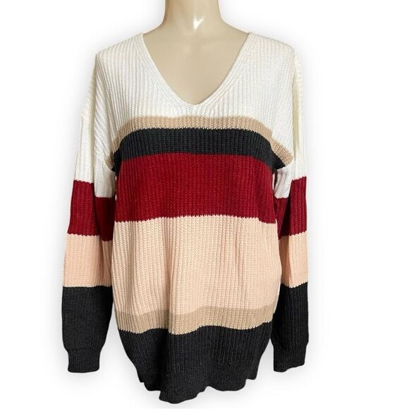 Alelly Color Block Wide Stripe Relaxed Fit V-Neck Ribbed Knit Sweater NWOT - Picture 3 of 13